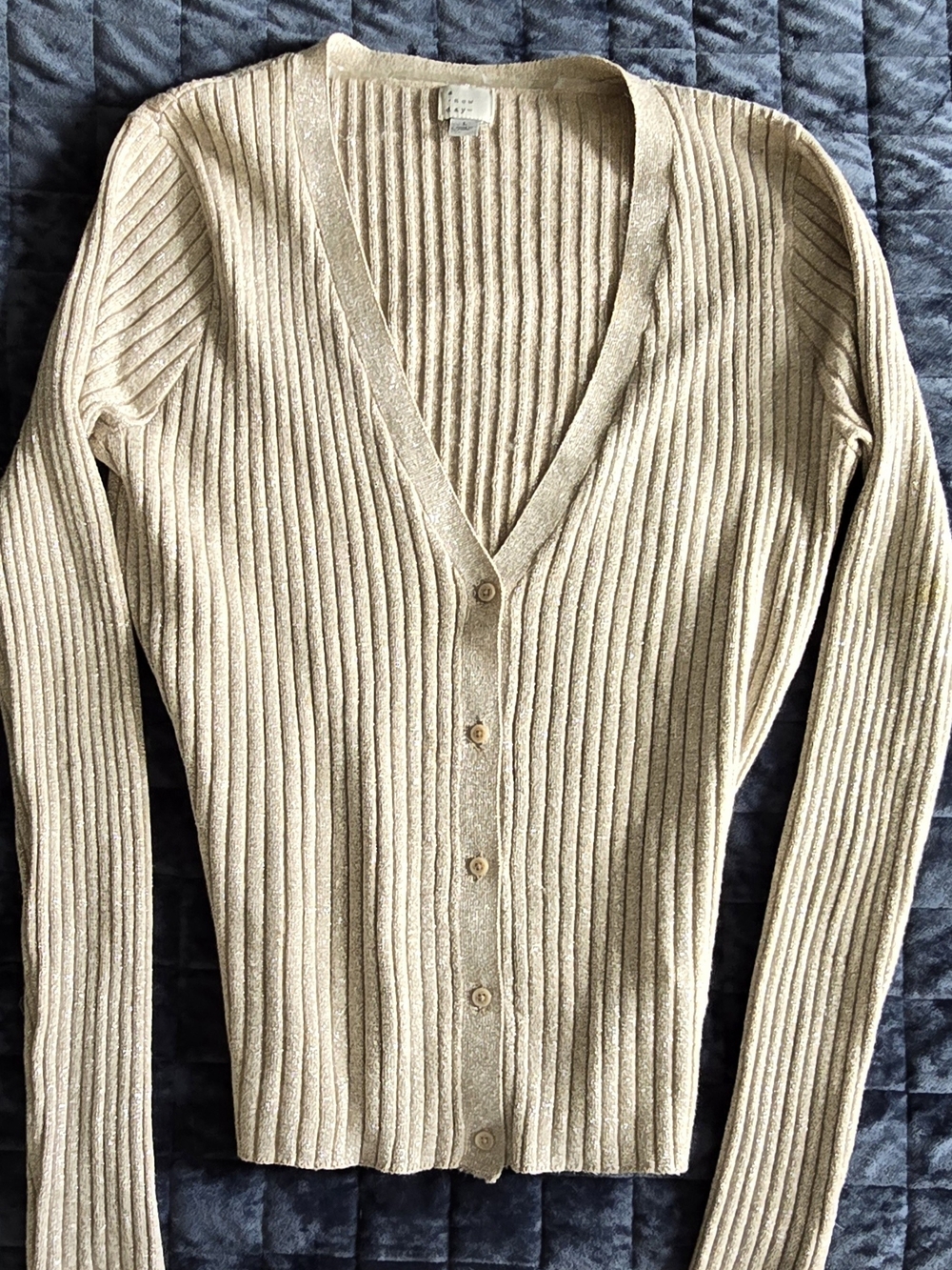 Sparkly Gold Ribbed V-Neck Button-Front Women’s Sweater - Cream
